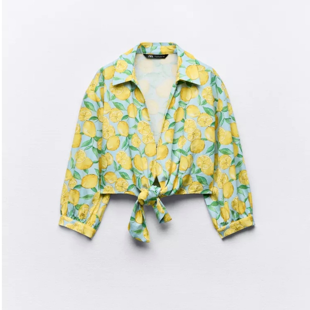Zara Yellow Lemon Print Tie-Front Crop Top